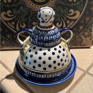 Boleslawiec Poland Pottery Cheese Butter Lady Covered Dish Hand Painted